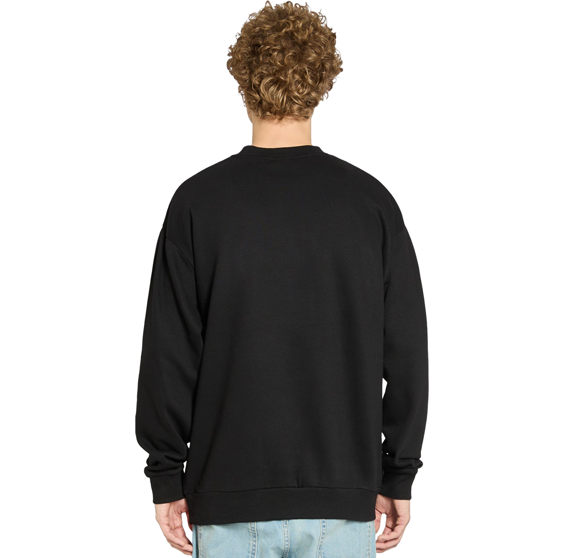 Person wearing a black sweatshirt on a white background