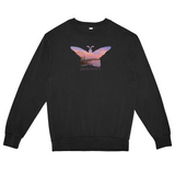 Black sweatshirt with a colorful butterfly design on a white background