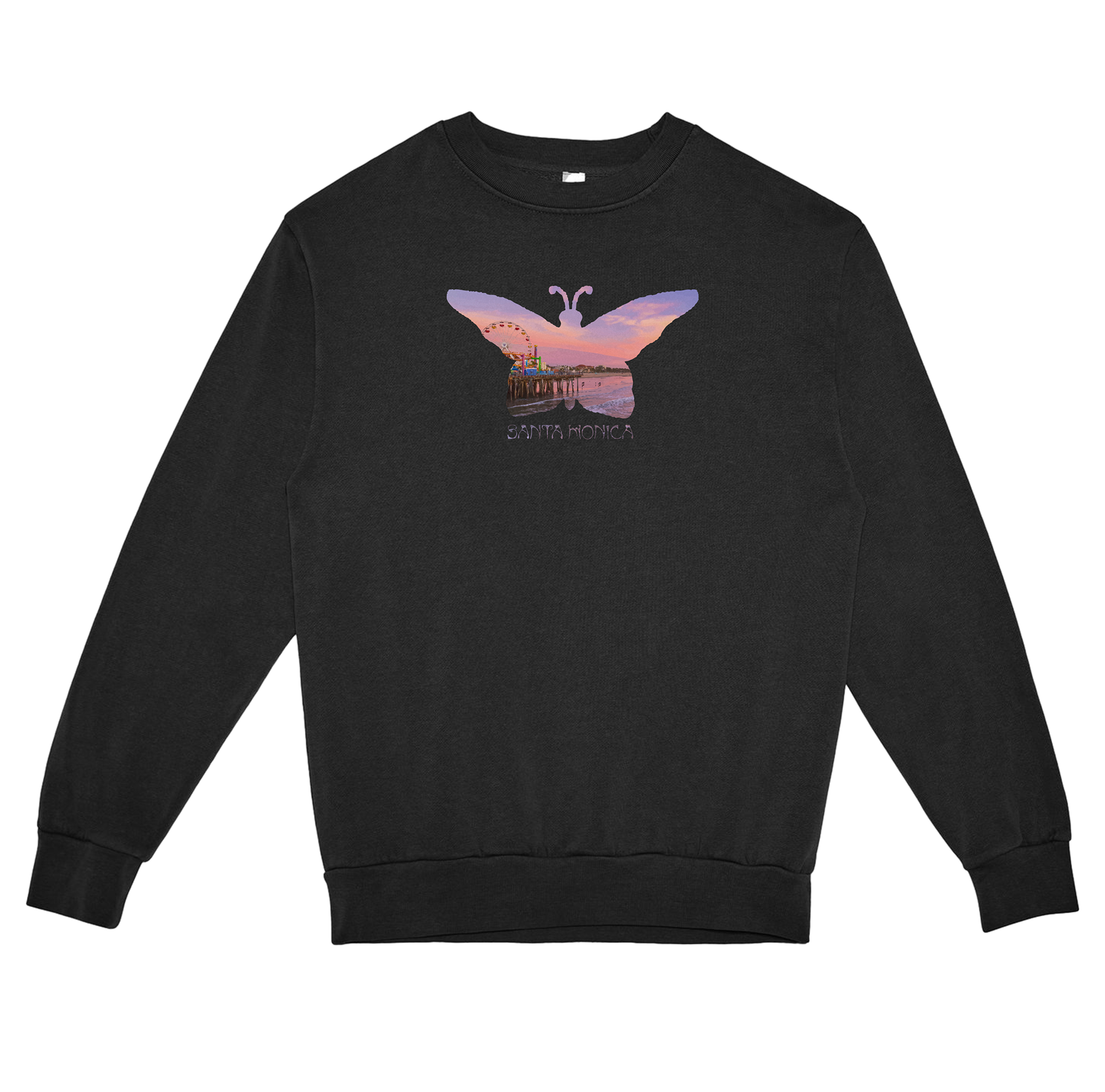 Black sweatshirt with a colorful butterfly design on a white background