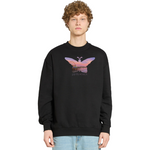 Person wearing a black sweatshirt with a colorful butterfly design on a white background