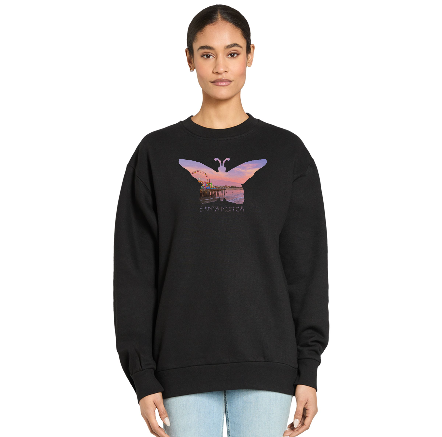 Black sweatshirt with a butterfly design on a white background