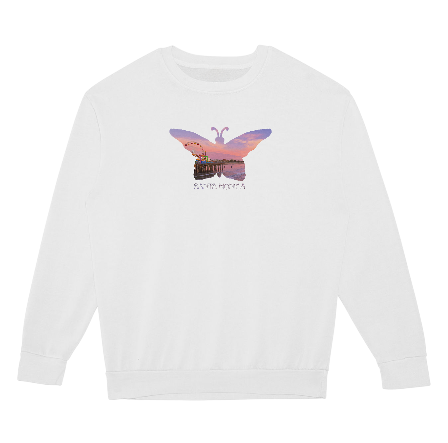 White sweatshirt with a colorful butterfly graphic on a white background