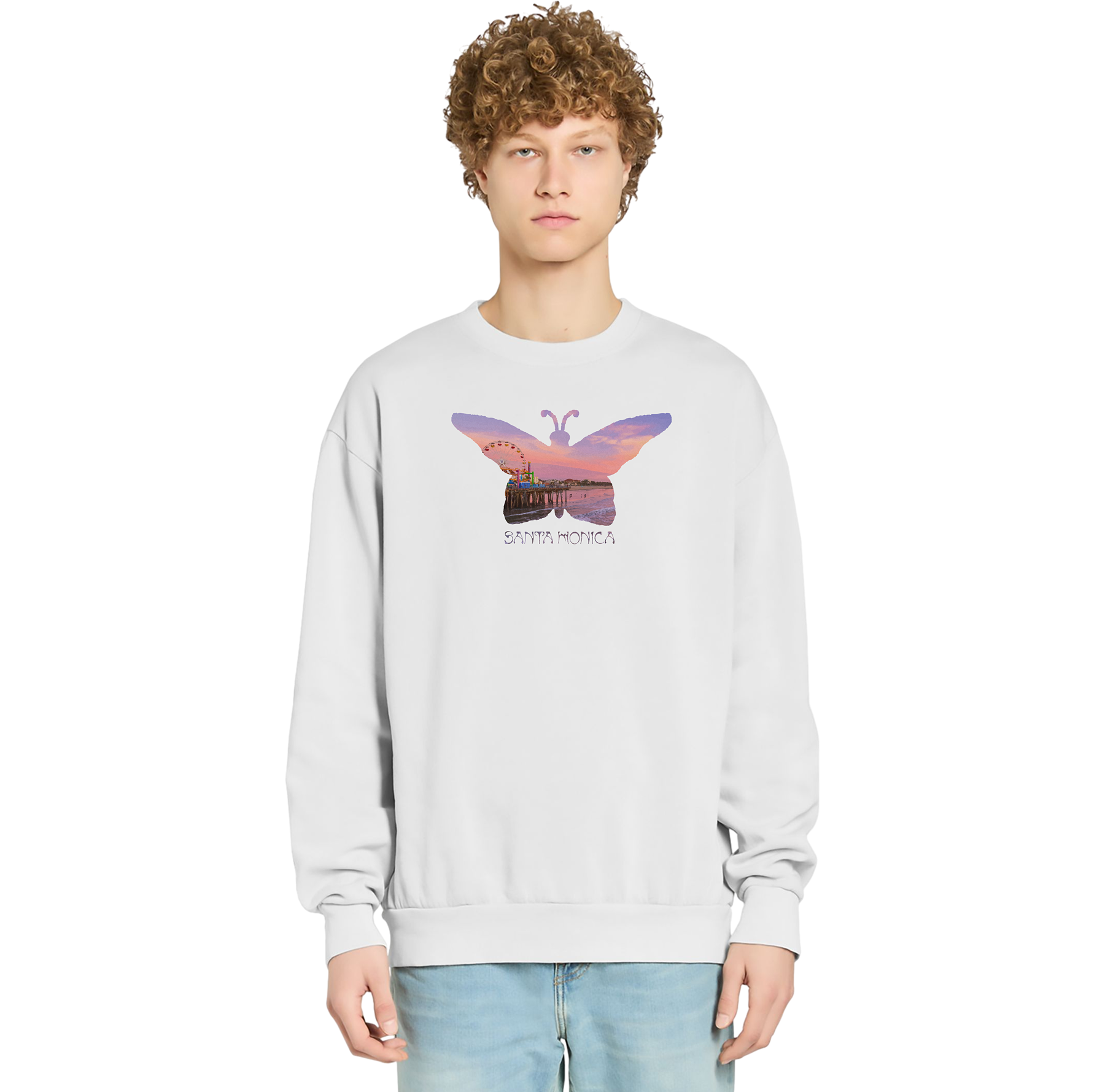 Person wearing a light gray sweatshirt with a colorful butterfly graphic on a white background
