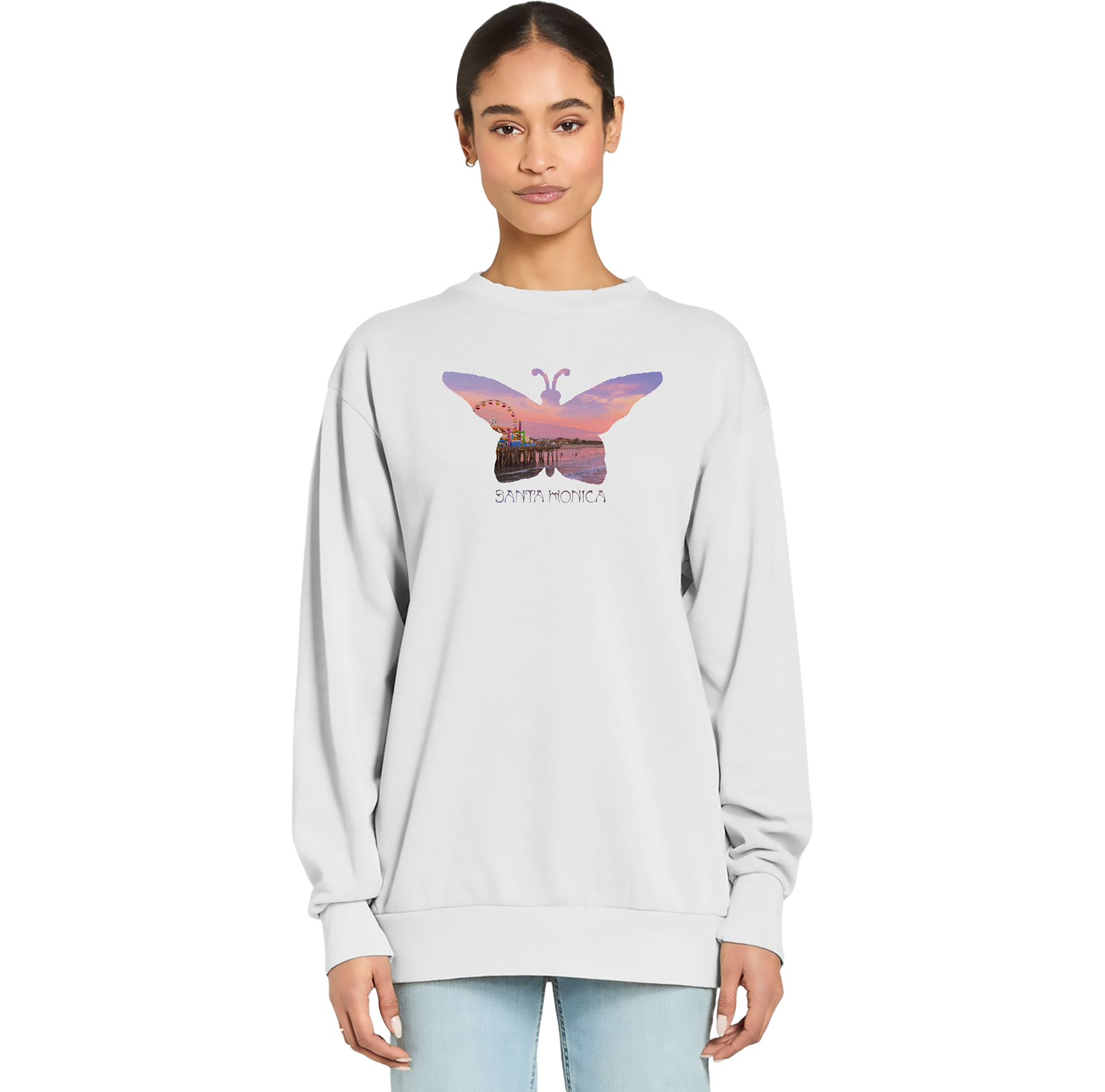 Person wearing a light gray sweatshirt with a butterfly graphic on a white background