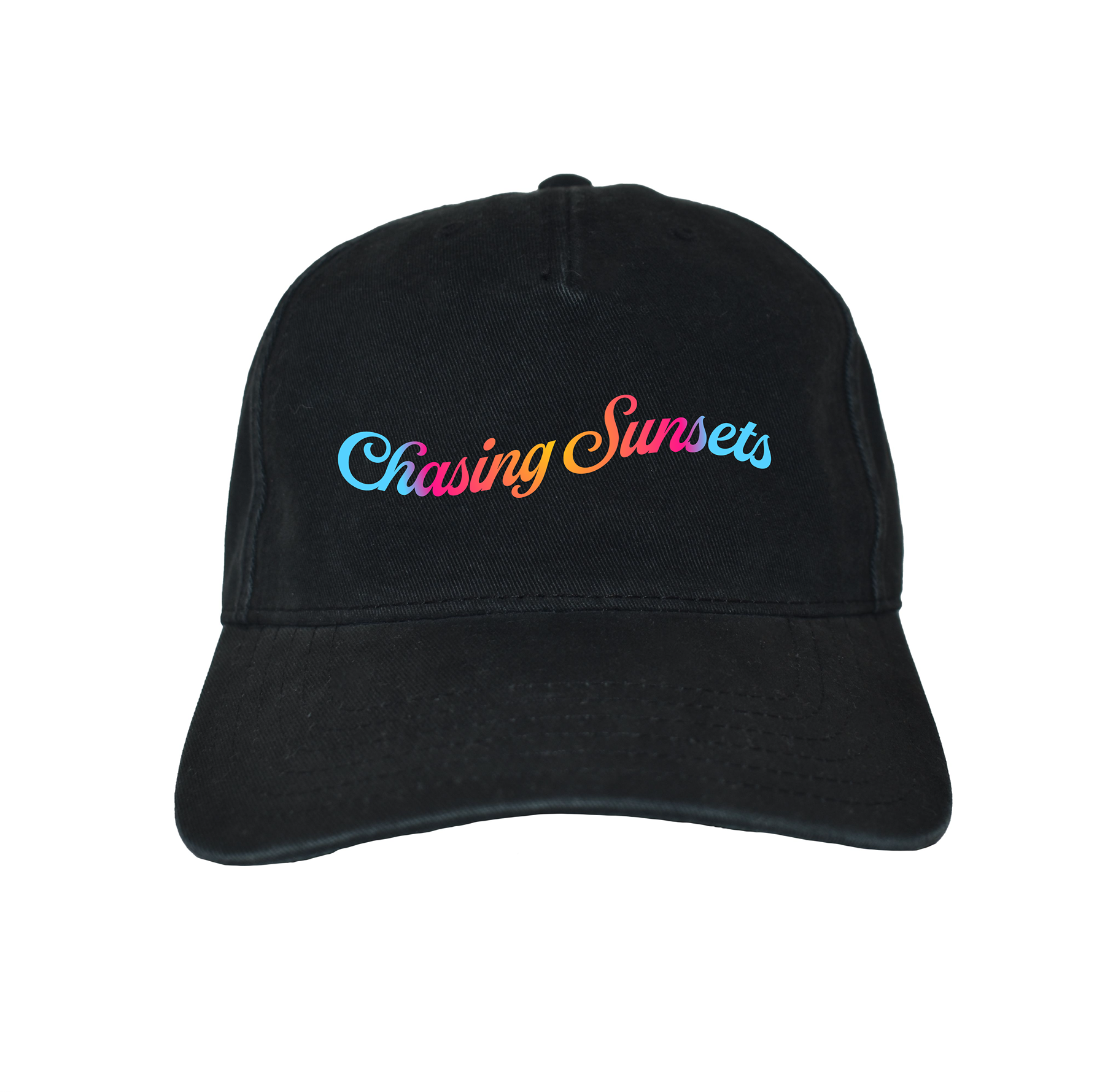 Black cap with 'Chasing Sunsets' text in colorful letters on a white background