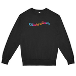 Black sweatshirt with 'Chasing Sunsets' text in colorful letters on a white background