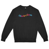 Black sweatshirt with 'Chasing Sunsets' text in colorful letters on a white background