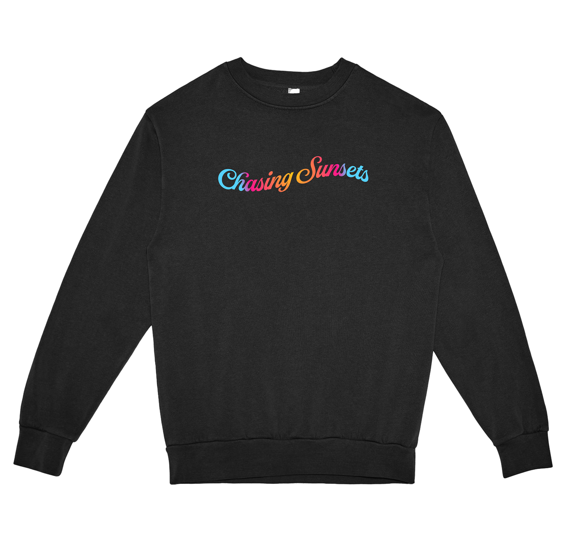 Black sweatshirt with 'Chasing Sunsets' text in colorful letters on a white background