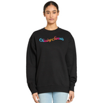Black sweatshirt with 'Chasing Sunsets' text in colorful letters worn by a person on a white background