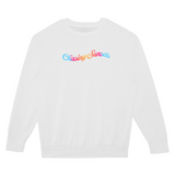 White sweatshirt with 'Chasing Sunsets' text in colorful letters on a white background