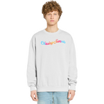 Person wearing a light gray sweatshirt with colorful text on a white background