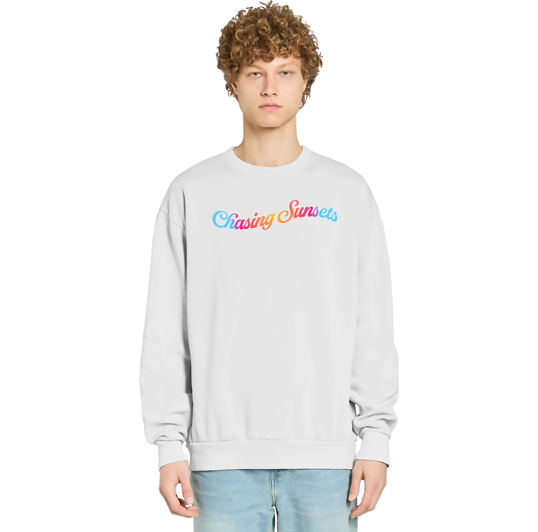 Person wearing a light gray sweatshirt with colorful text on a white background
