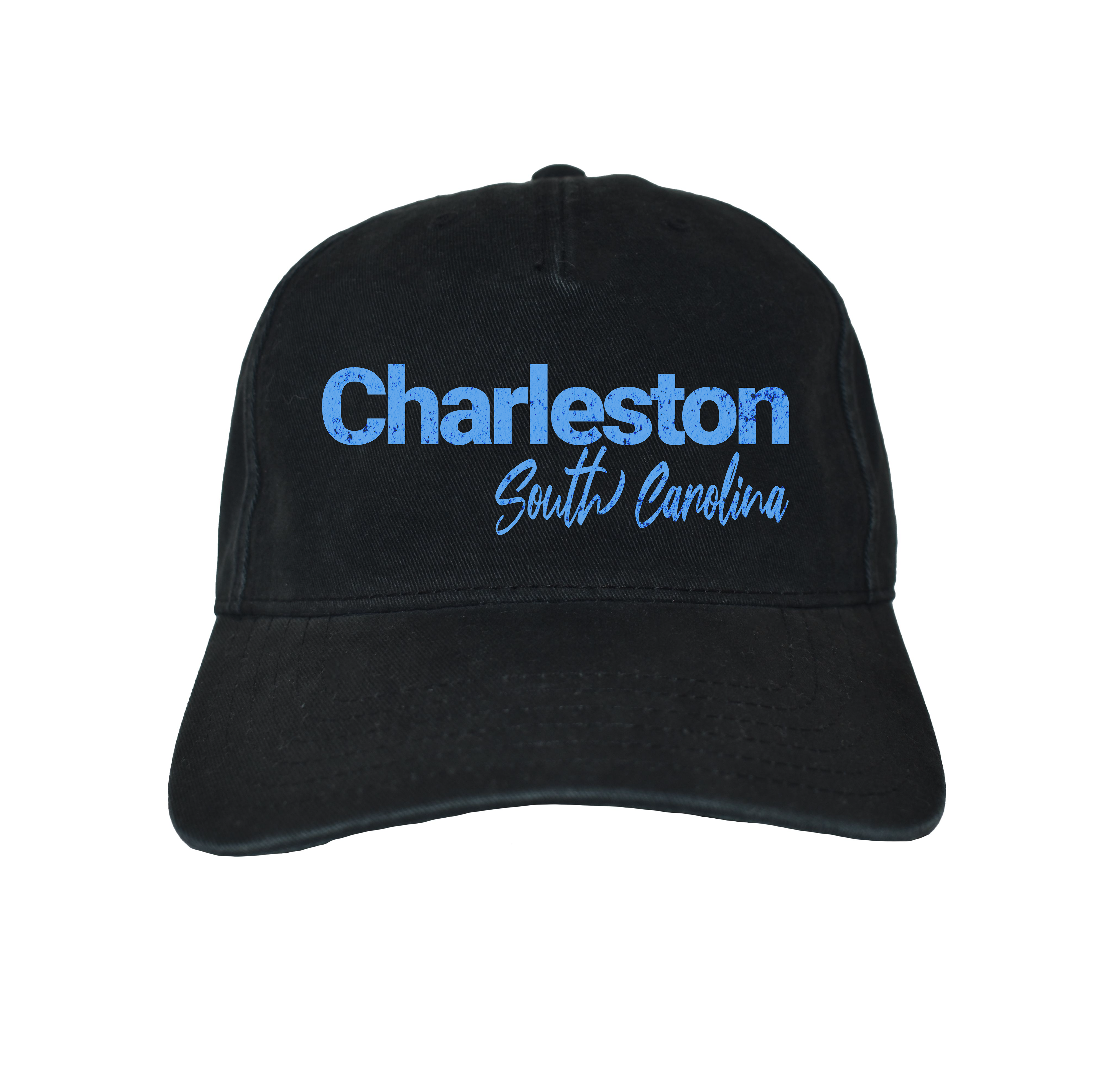 Black cap with 'Charleston South Carolina' text in blue on a white background