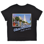 Black t-shirt with a colorful graphic of Charleston, South Carolina, featuring a prominent church steeple.
