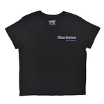 Black t-shirt with 'Charleston' text on a white background