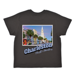 Black t-shirt with a colorful graphic of Charleston, South Carolina on a white background