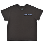 Black t-shirt with 'Charleston' text on a white background