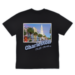 Black t-shirt with a Charleston, South Carolina graphic on a white background