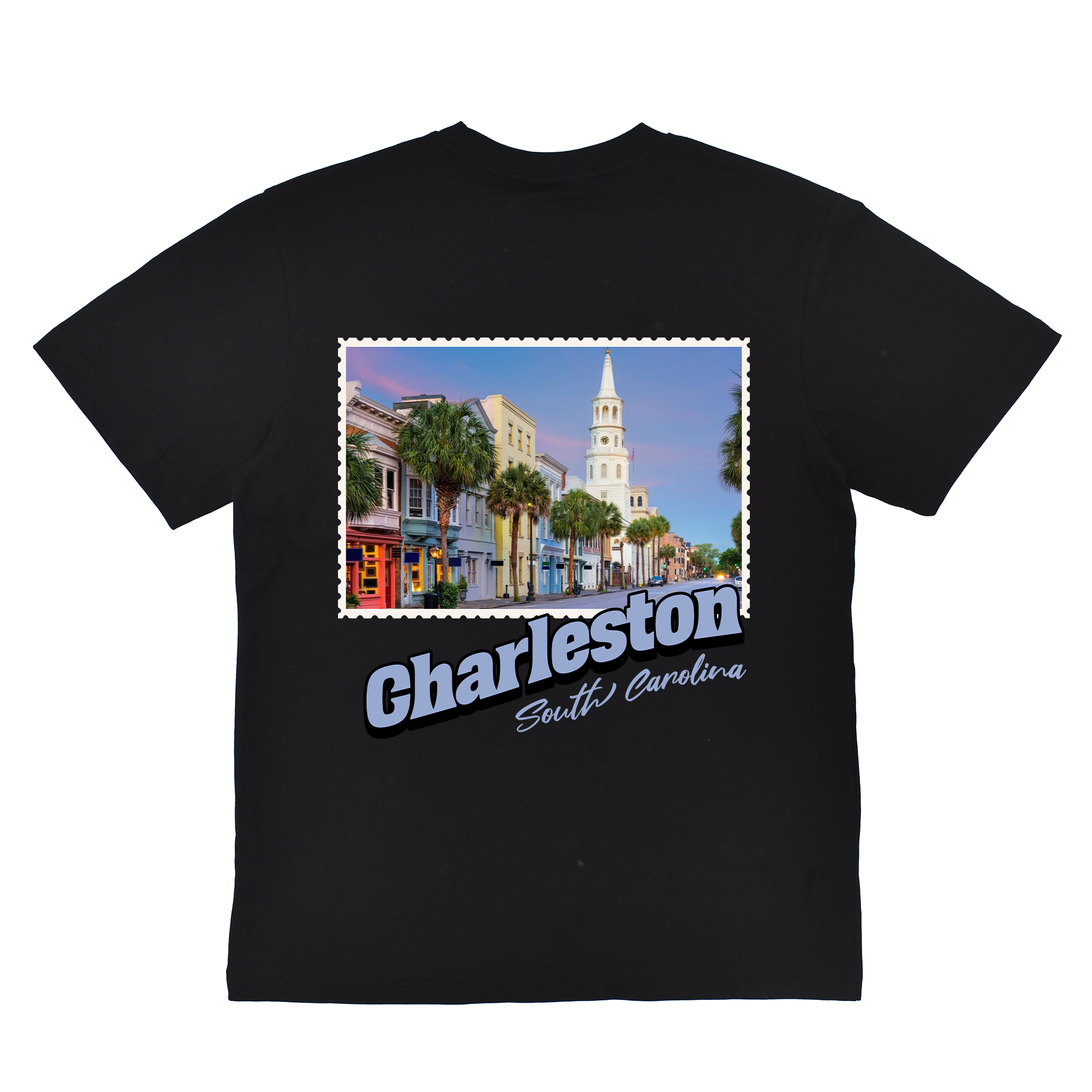 Black t-shirt with a Charleston, South Carolina graphic on a white background