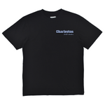 Black t-shirt with 'Charleston' text on a white background