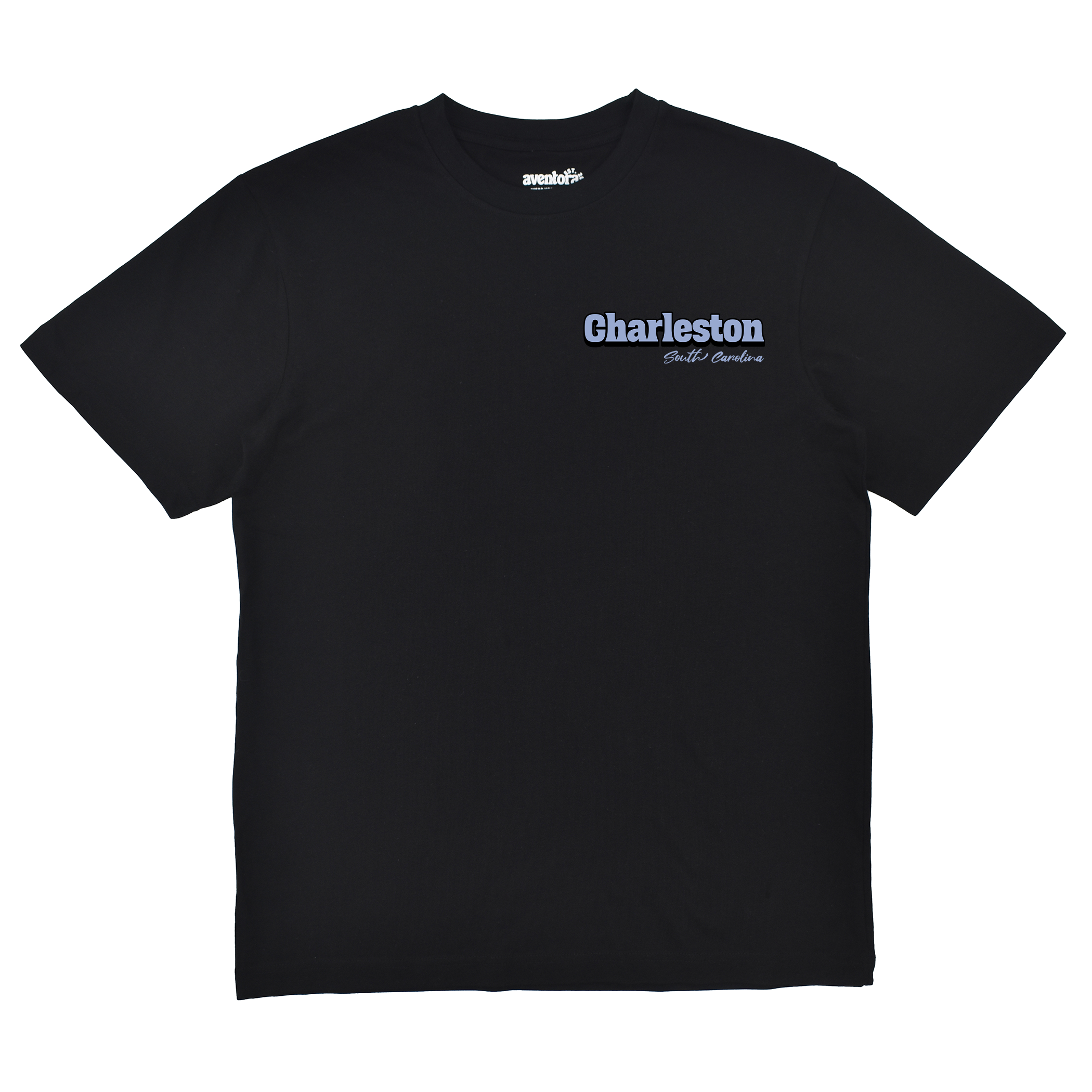 Black t-shirt with 'Charleston' text on a white background
