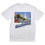 White t-shirt with a scenic print of Charleston, South Carolina on a white background