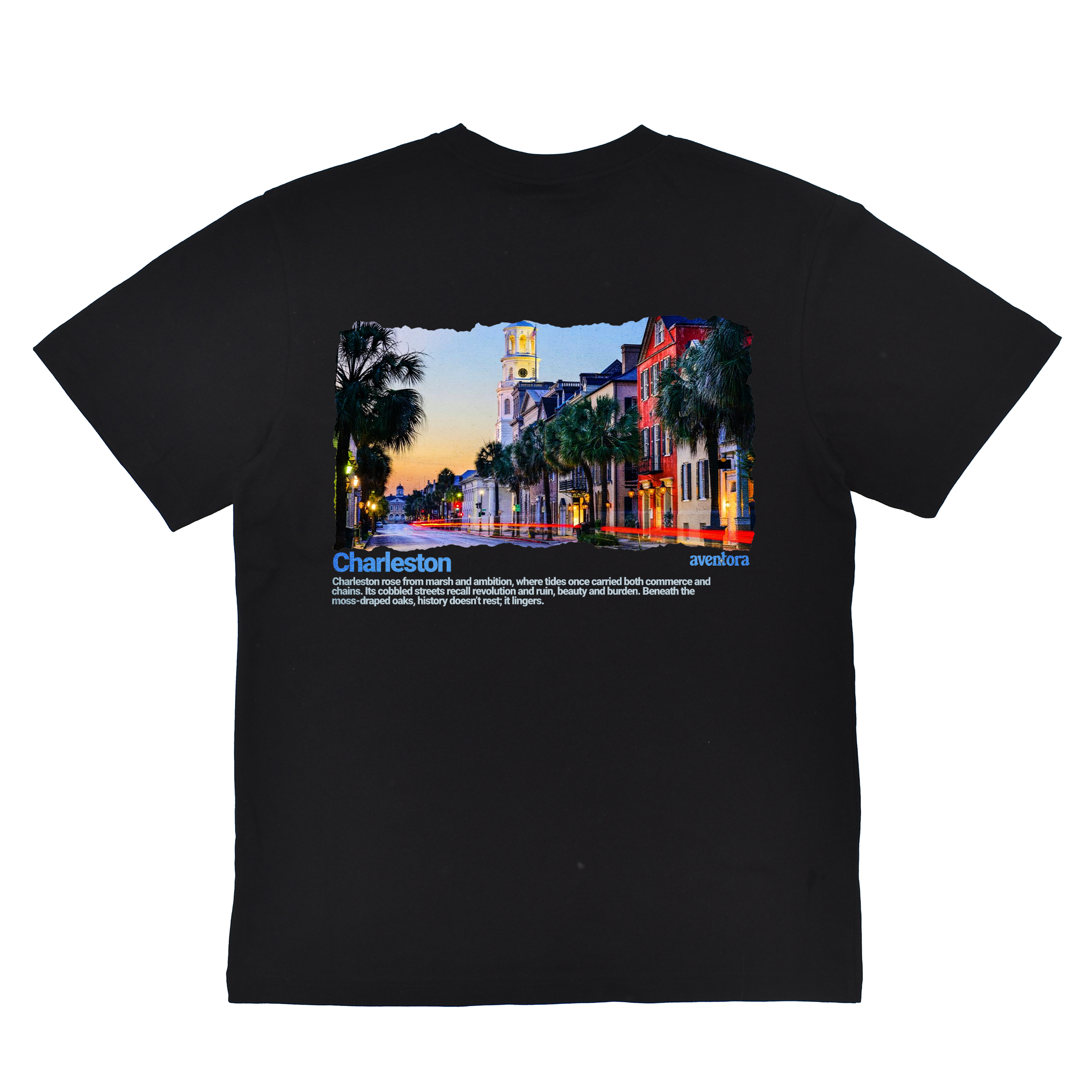 Black t-shirt with a colorful graphic of a city street and text on a white background