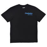Black t-shirt with 'Charleston, South Carolina' text on a white background