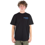 Person wearing a black t-shirt with 'Charleston' logo on a white background
