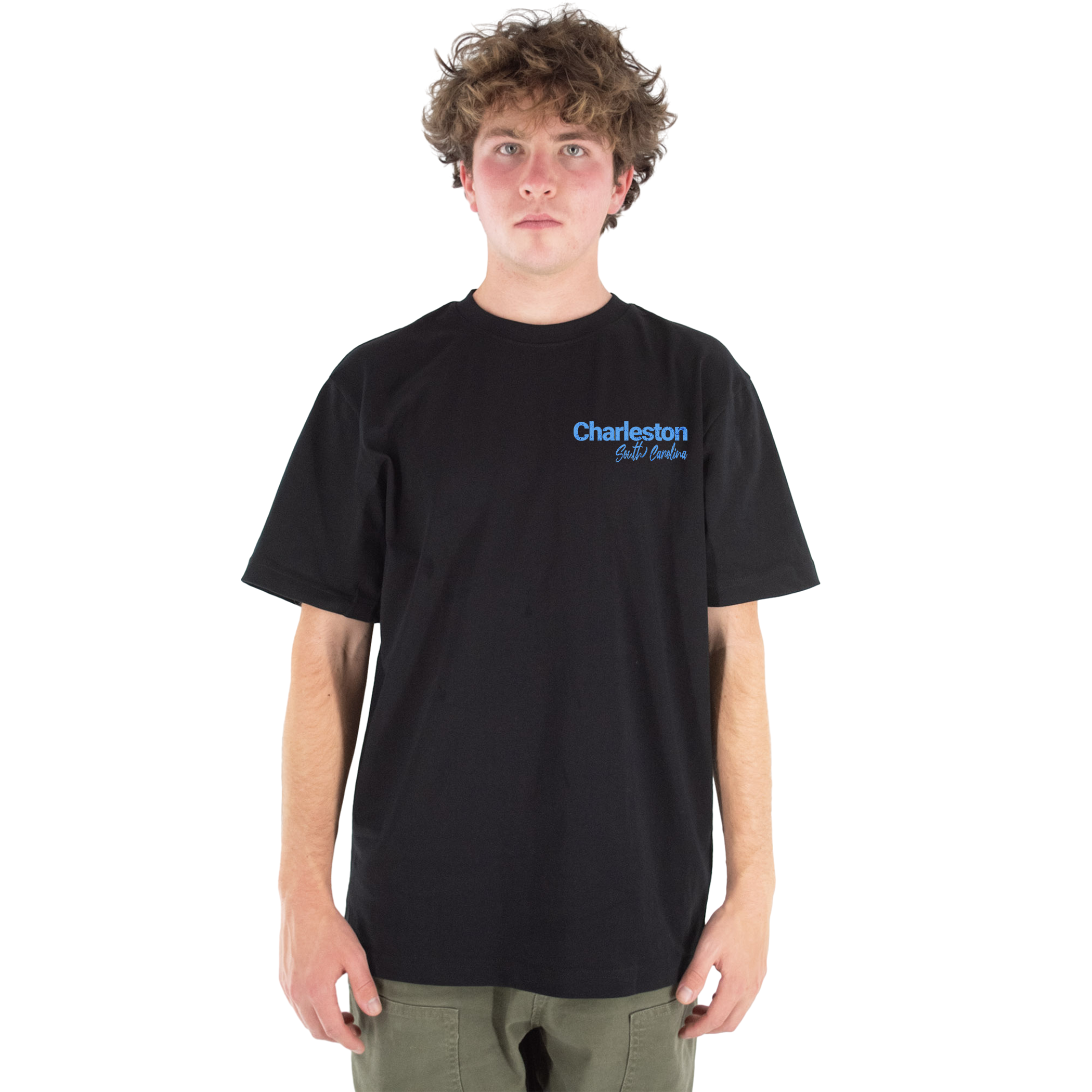 Person wearing a black t-shirt with 'Charleston' logo on a white background