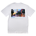 White t-shirt with a scenic print of Charleston on the back