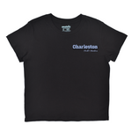 Black t-shirt with 'Charleston' text on a white background