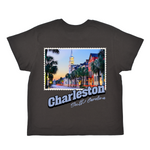 Black t-shirt with a Charleston, South Carolina, graphic on a white background
