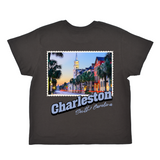 Black t-shirt with a Charleston, South Carolina, graphic on a white background
