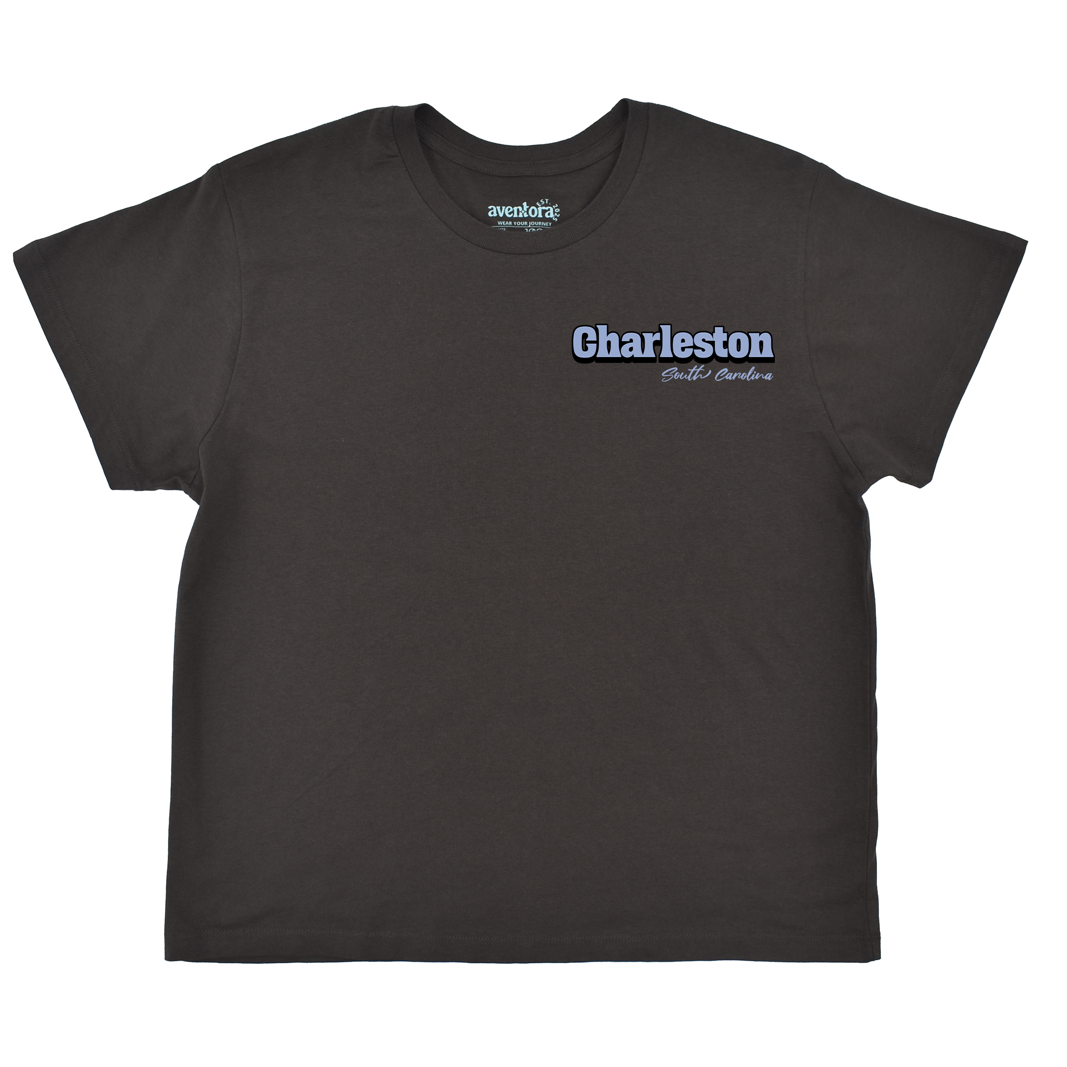 Black t-shirt with 'Charleston' text on a white background