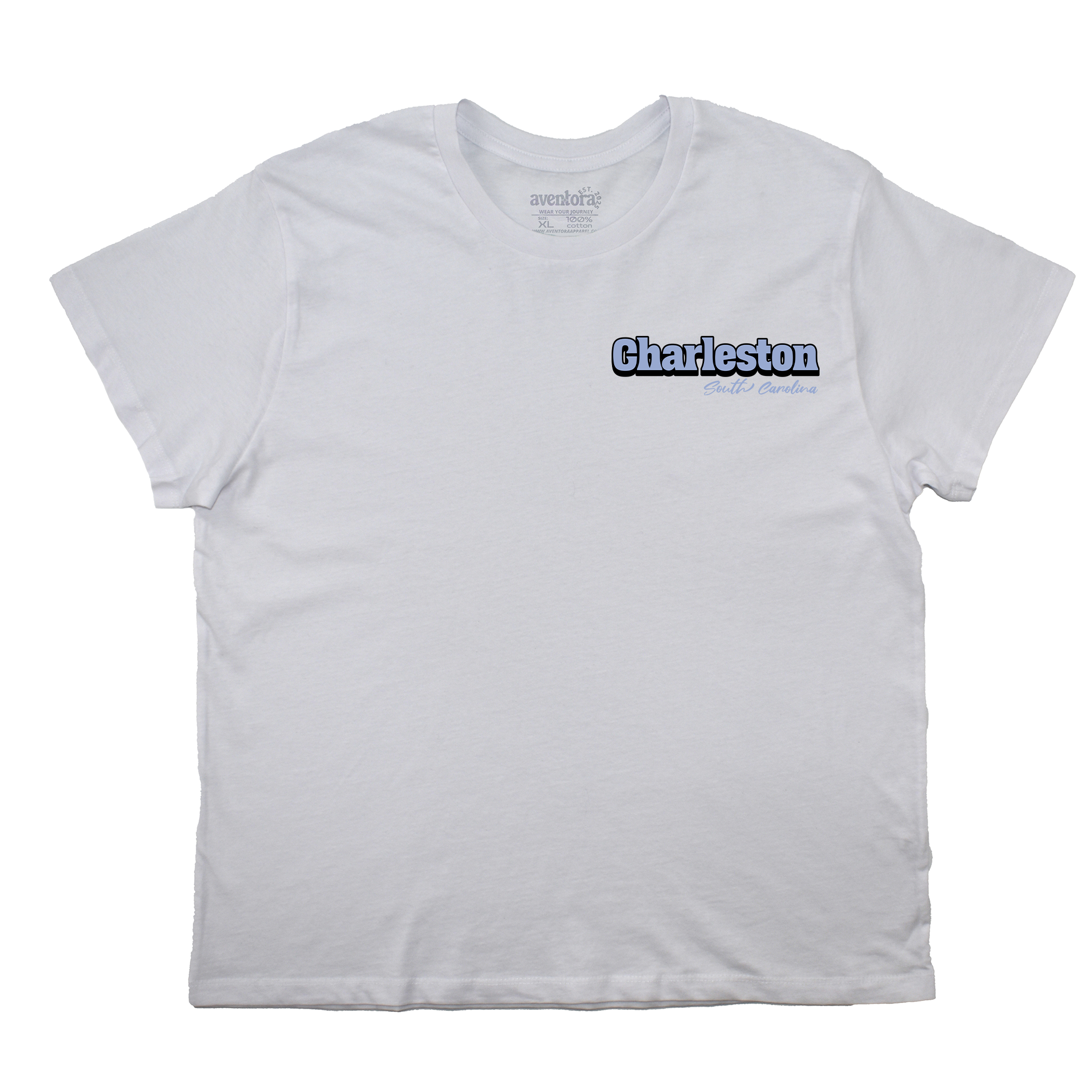 White t-shirt with 'Charleston' printed on a white background