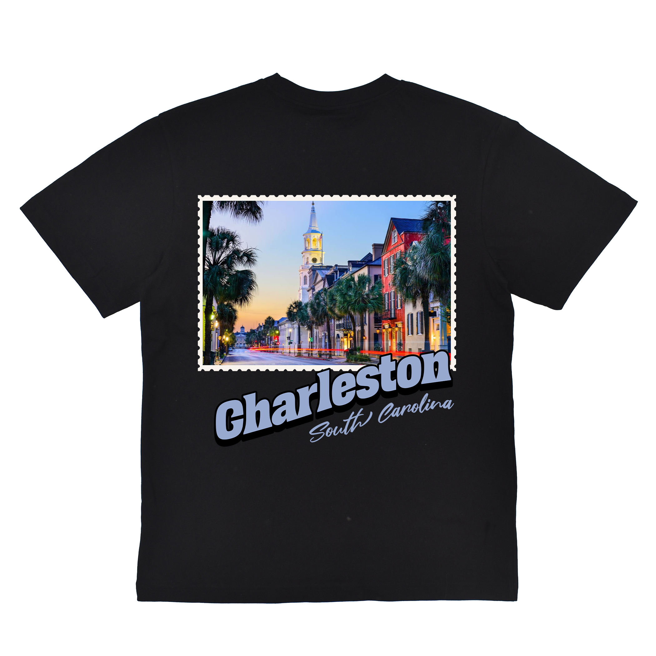 Black t-shirt with a graphic of Charleston, South Carolina and a scenic street view.