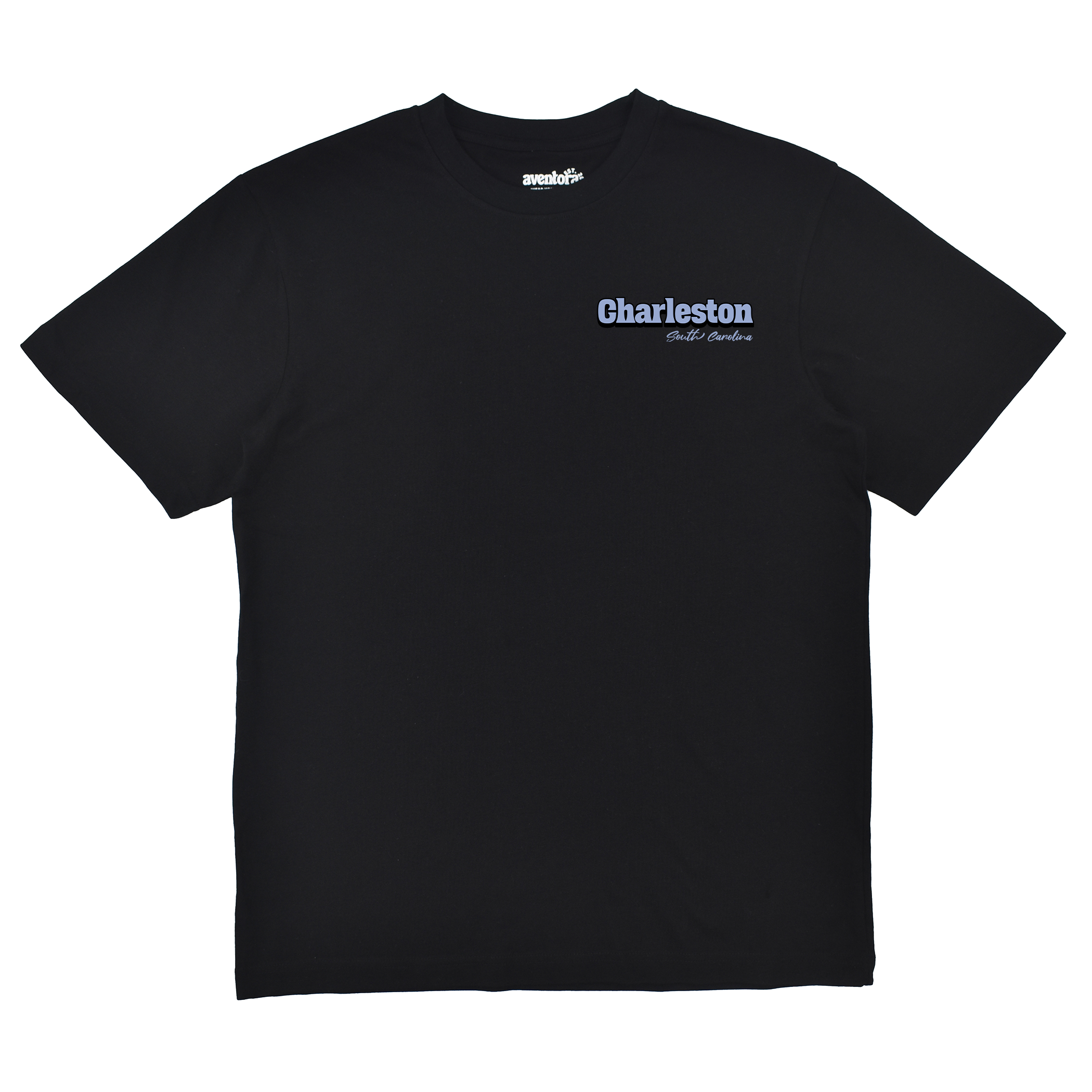 Black t-shirt with 'Charleston' text on a white background