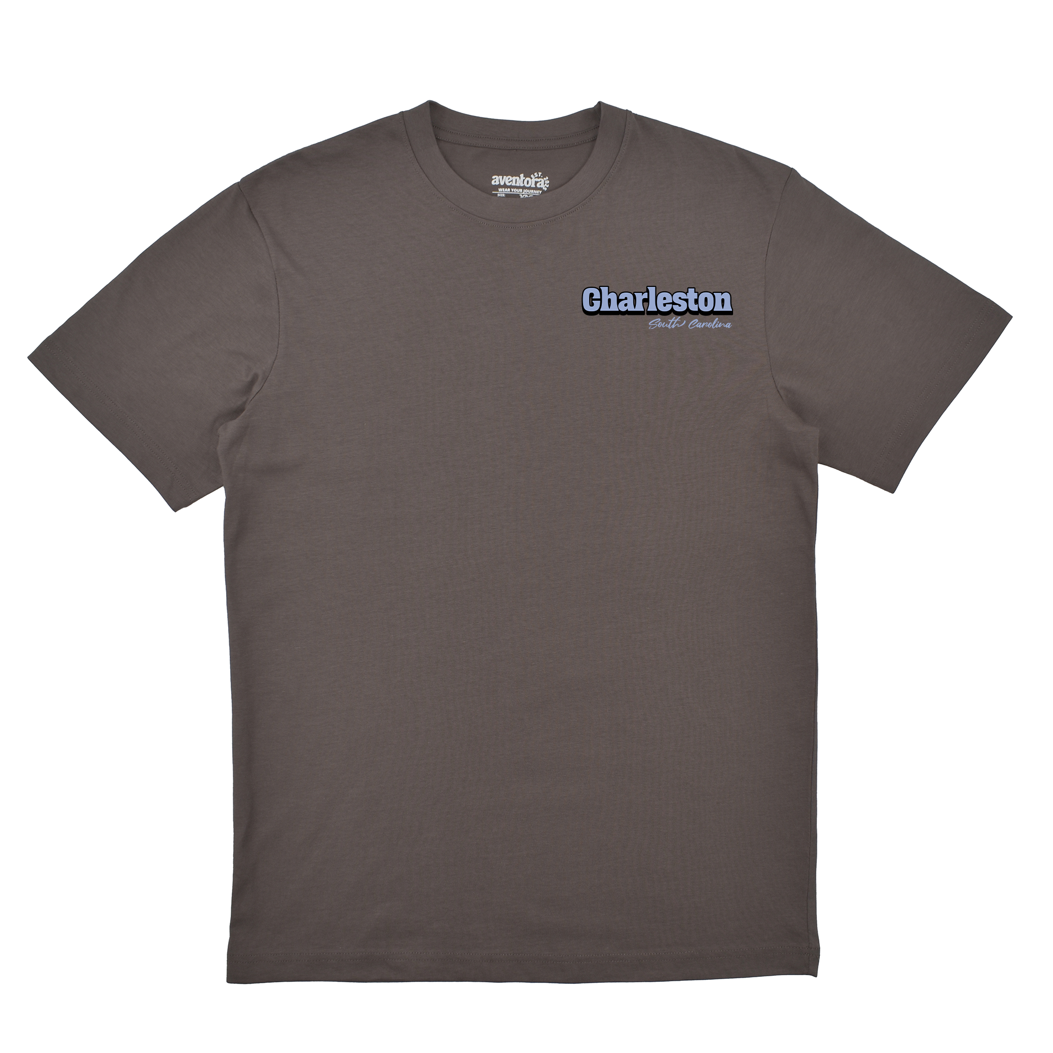 Brown t-shirt with 'Charleston' text on a white background