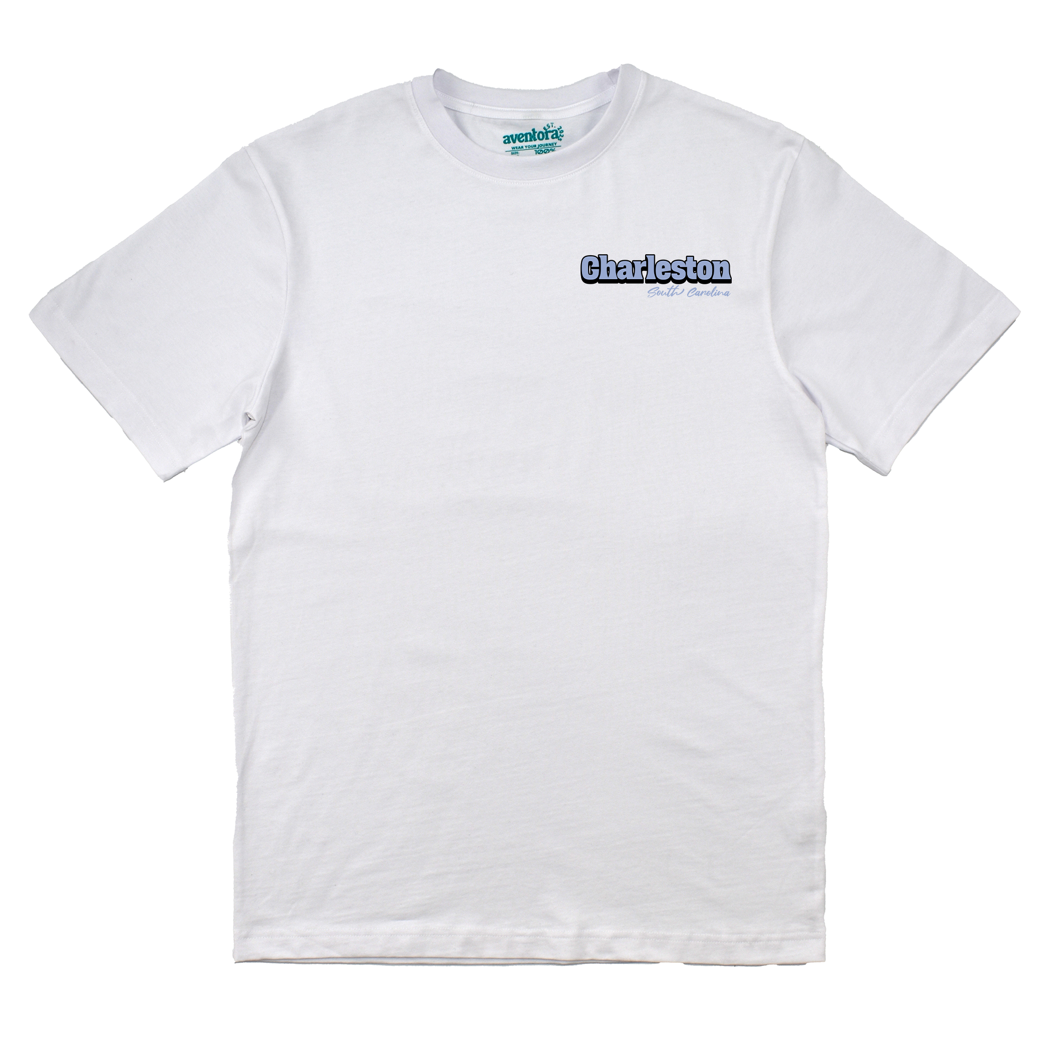 White t-shirt with 'Charleston' text on a white background