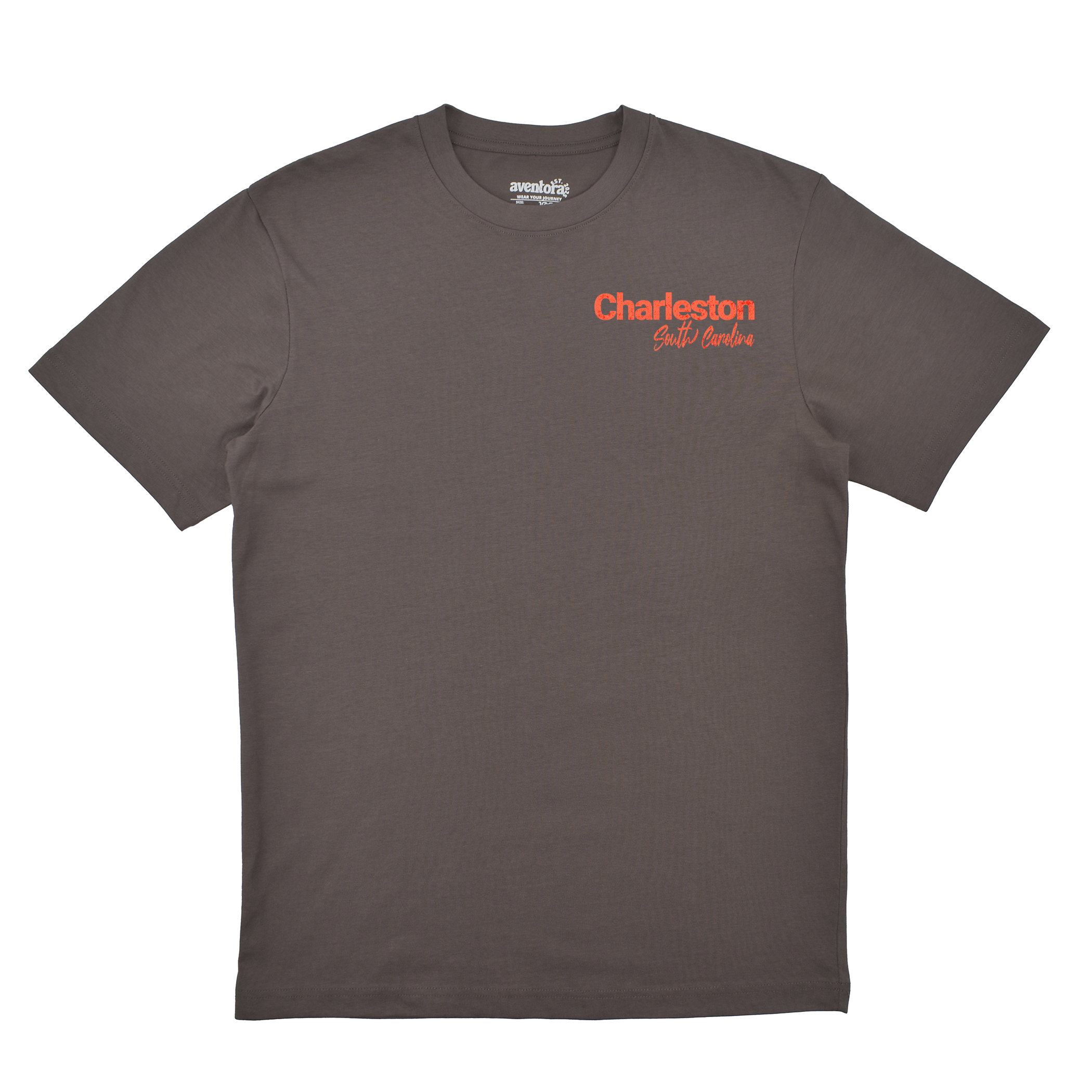 Gray t-shirt with 'Charleston' text on a white background