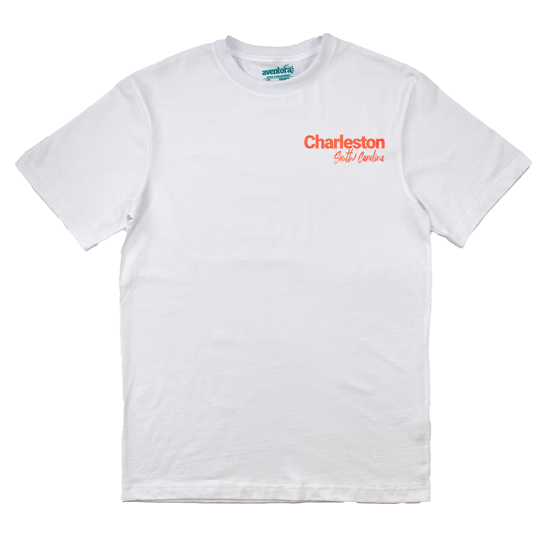 White t-shirt with 'Charleston South Carolina' text on a white background