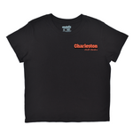 Black t-shirt with 'Charleston' text on a white background