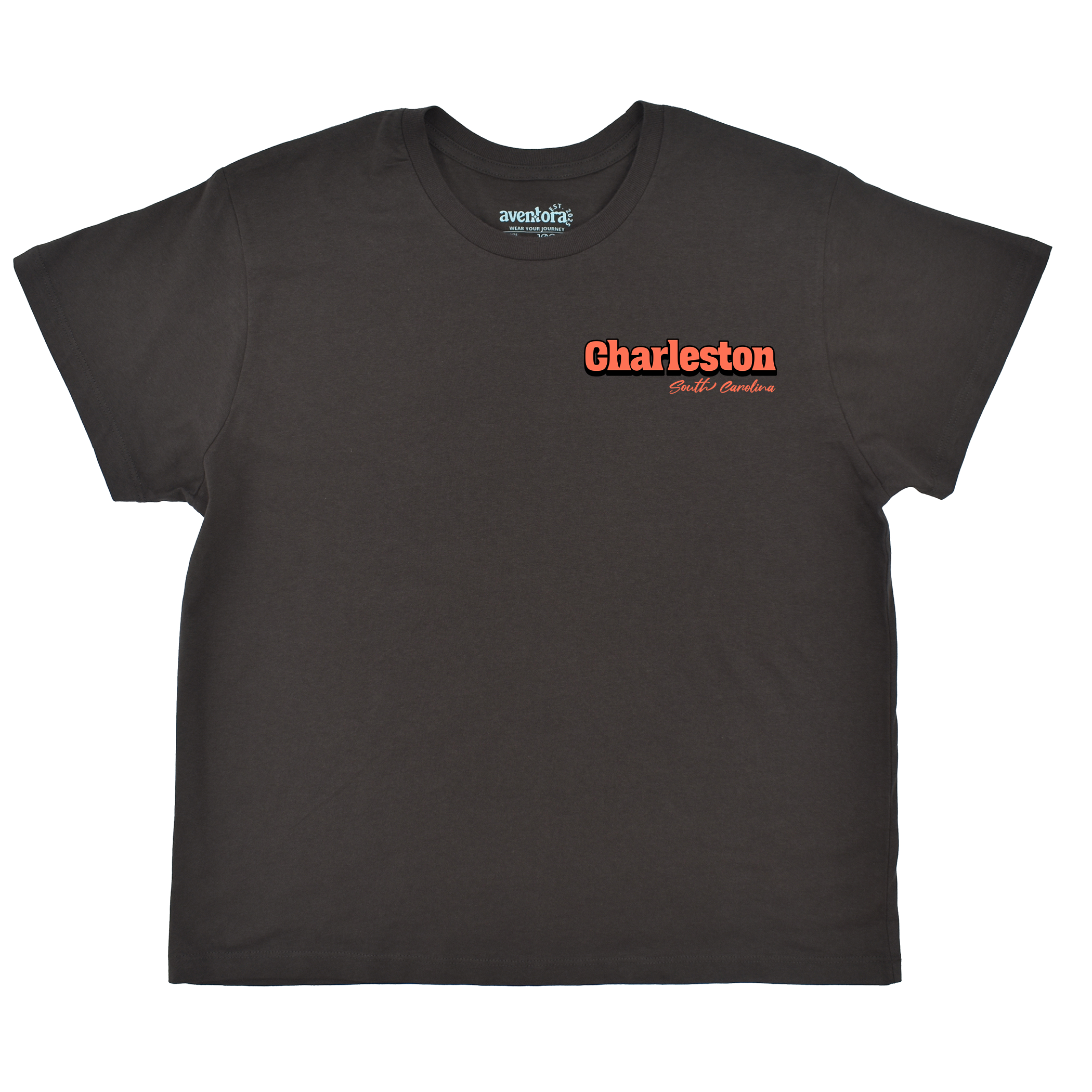 Black t-shirt with 'Charleston' text on a white background
