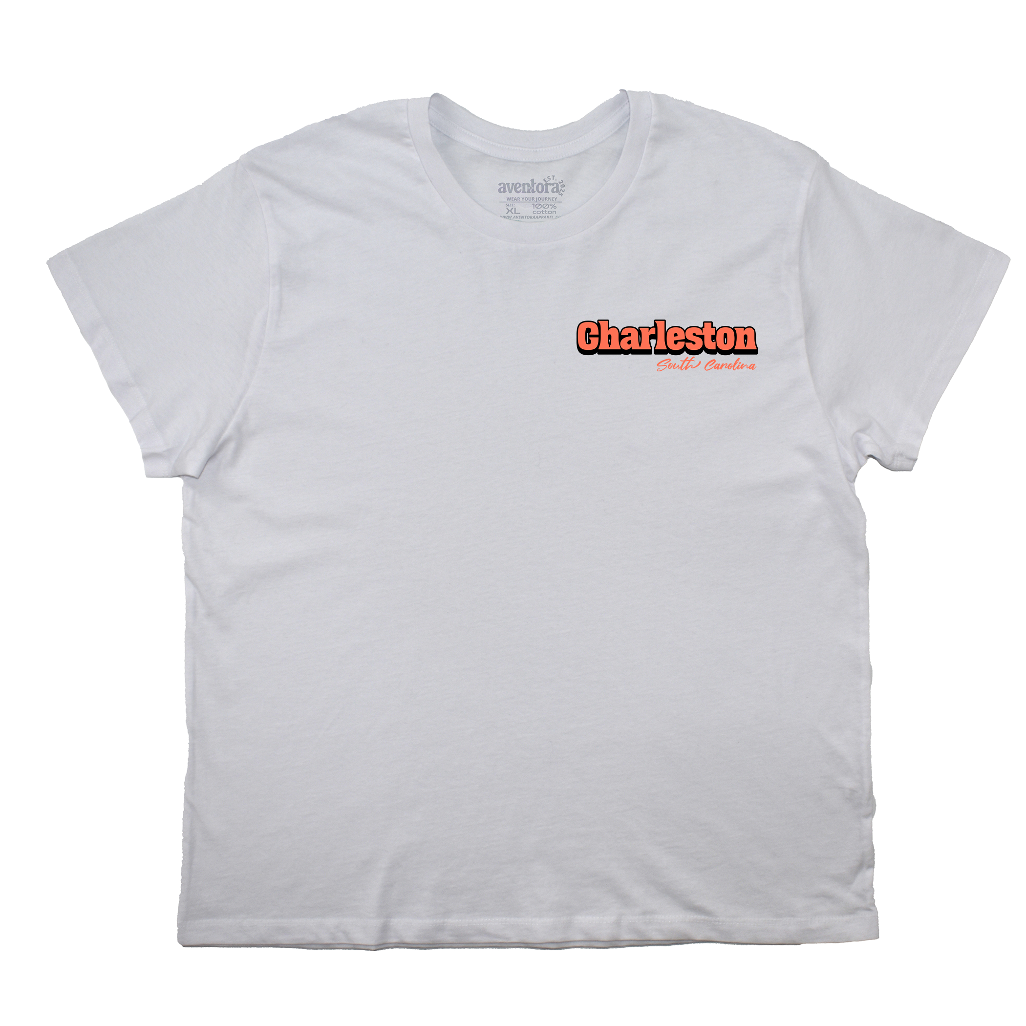 White t-shirt with 'Charleston' printed on a white background