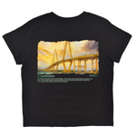 Black t-shirt with a bridge graphic and text on a white background