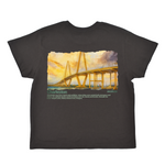 Black t-shirt with a bridge graphic and text on the back, displayed on a white background.