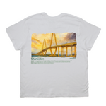 White t-shirt with a bridge graphic and text on the back, displayed on a white background.