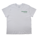 White t-shirt with 'Charleston' text on a white background