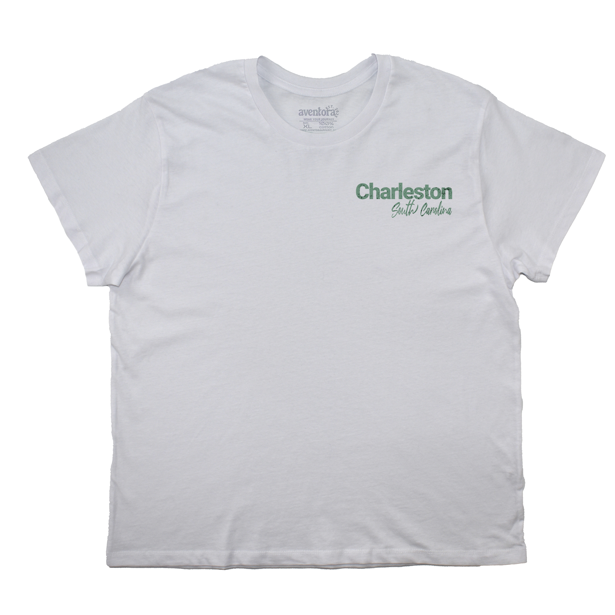 White t-shirt with 'Charleston' text on a white background